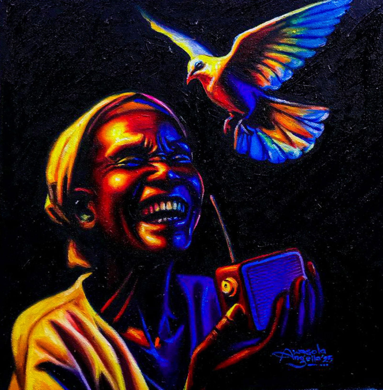 Awosola Michael Angello, Goodnews 5 - 21st Century, Contemporary, Figurative, Portrait, Happiness,: Creator: Awosola Michael Angello (1992, Nigerian) Creation Year: 2025 Dimensions: Height: 15 in (38.1 cm)Width: 15 in (38.1 cm)Depth: 1 in (2.54 cm) Medium: Canvas,Oil Movement & Style: 