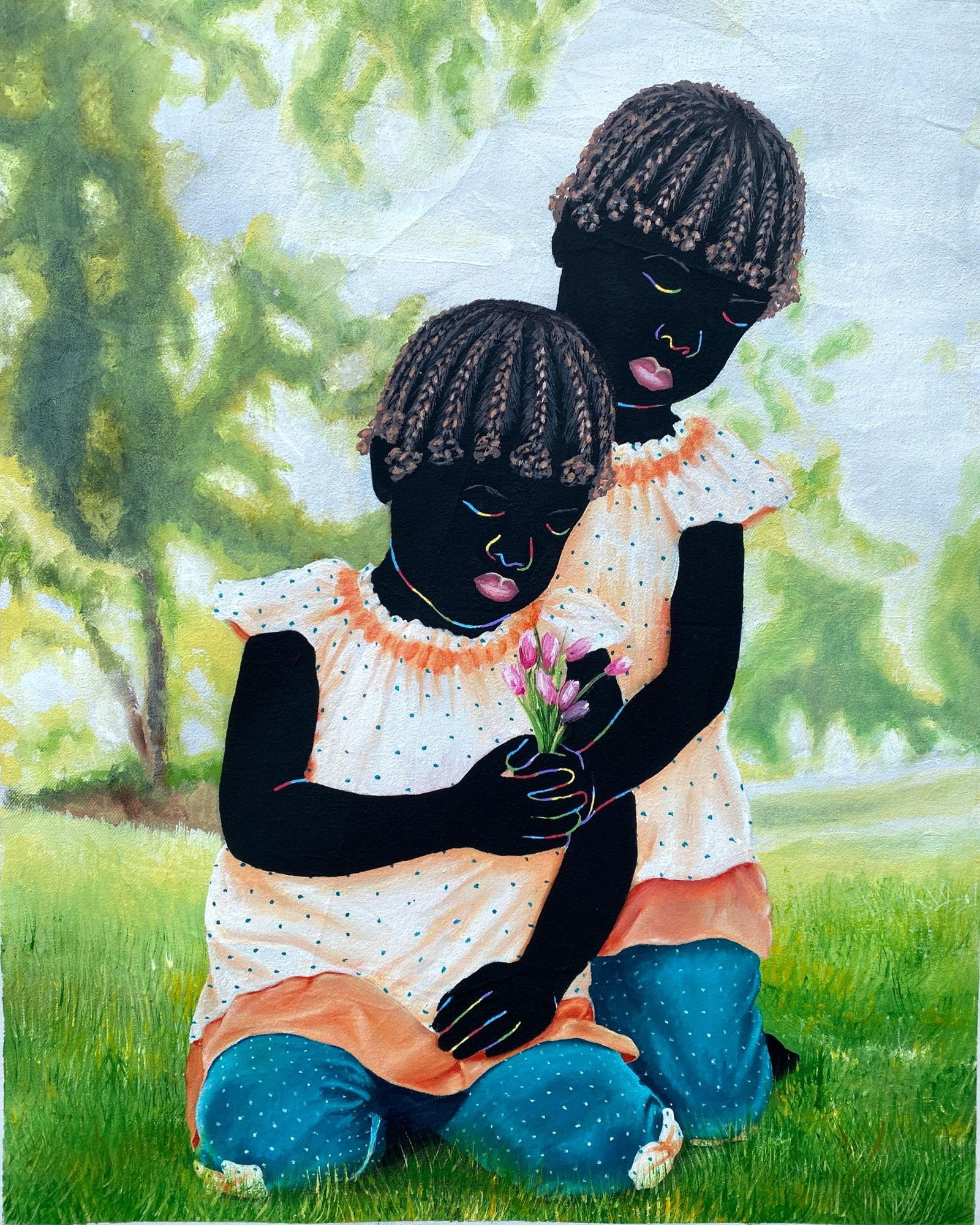 Esther Oyeyemi, Budding Bond - 21st Century, Contemporary, Figurative, Portrait, Twins, Nature, 2023: Creator: Esther Oyeyemi (1995, Nigerian) Creation Year: 2023 Dimensions: Height: 20 in (50.8 cm)Width: 16 in (40.64 cm)Depth: 1 in (2.54 cm) Medium: Canvas,Acrylic Movement & Style: Contemporary
