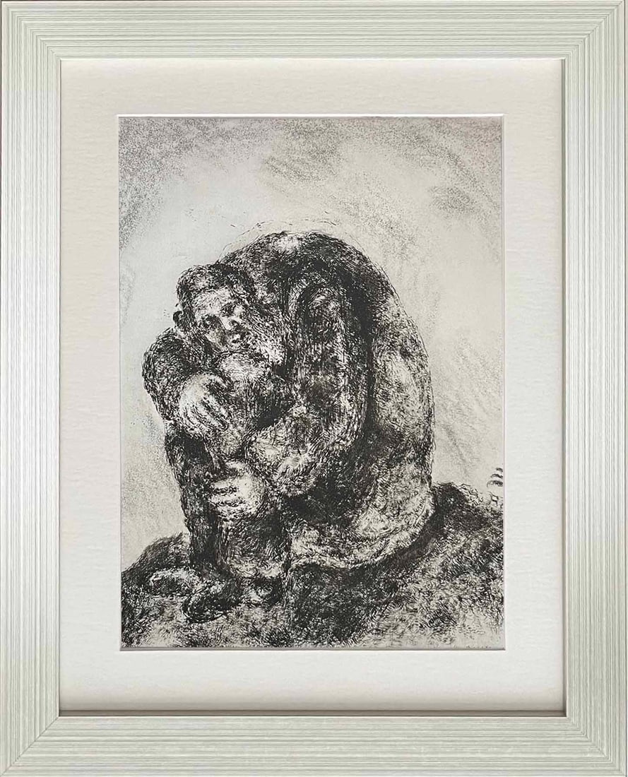 Marc Chagall framed Heliogravure 86 from Bible 1956: Title: Marc Chagall framed Heliogravure 86 from Bible 1956 Description: This remarkable heliogravure print by Marc Chagall features an iconic biblical scene. From the rare "Bible" series published in