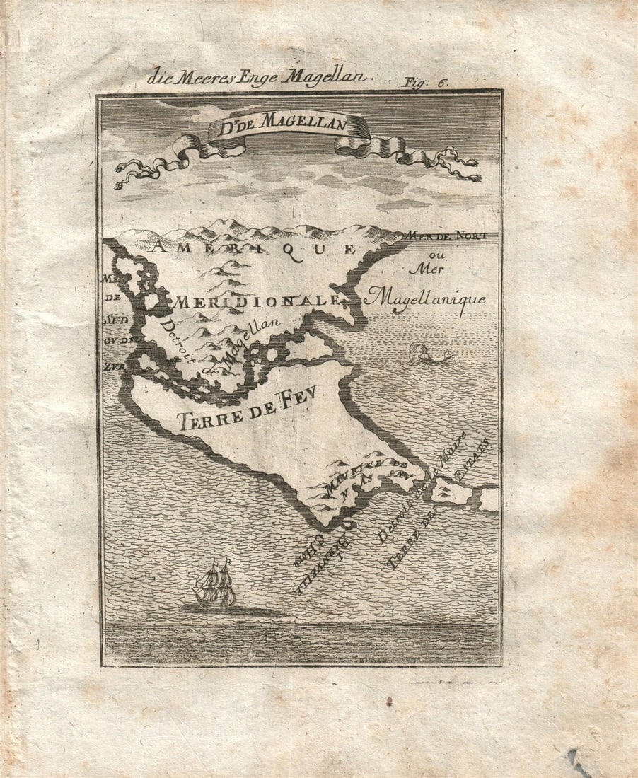 1719 MAP STRAIT OF MAGELLAN plate 6 from Beschreibung Des gantzen Welt-Kreises: Title: 1719 MAP STRAIT OF MAGELLAN plate 6 from Beschreibung Des gantzen Welt-Kreises Description: "Plate 6 ""MAP : STRAIT OF MAGELLAN"" - engraving from German edition of ""Description of entire