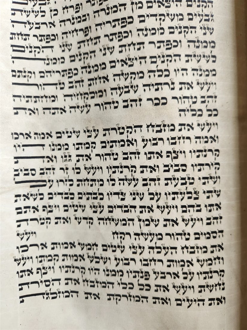 TORAH SCROLL LARGE FRAGMENT MANUSCRIPT on VELLUM antique BIBLE w/ MANTLE - 4