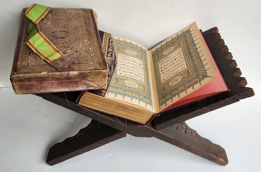 1900 OTTOMAN KORAN antique QURAN Turkish w/ WOODEN STAND & GILT SLIP CASE: Title: 1900 OTTOMAN KORAN antique QURAN Turkish w/ WOODEN STAND & GILT SLIP CASE Description: "QURAN Lithographic Ottoman Koran Bahriye Printing House; 1900 (dated - 1318) Original leather binding ric