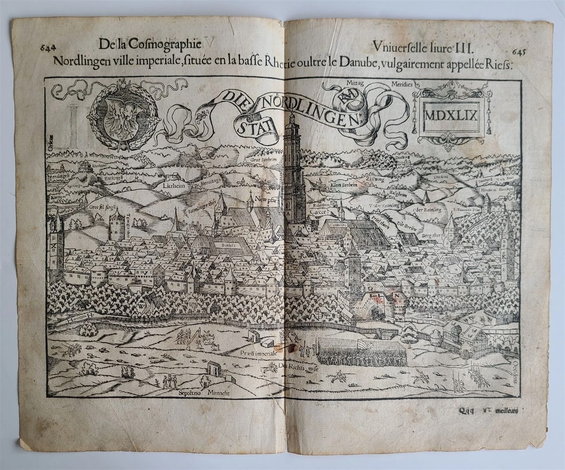 1575 NORDLINGEN GERMANY LEAF BELLEFOREST EDITION of MUNSTER COSMOGRAPHY antique: Title: 1575 NORDLINGEN GERMANY LEAF BELLEFOREST EDITION of MUNSTER COSMOGRAPHY antique Description: "Francois de Belleforest (1530 – 1583) Paris, 1575 Rare NORDLINGEN , GERMANY VIEW DOUBLE LEAF