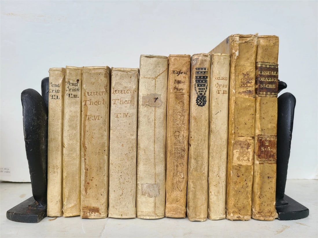 18th CENTURY BINDINGS - LOT of 10 VELLUM BOUND BOOKS antique: Title: 18th CENTURY BINDINGS - LOT of 10 VELLUM BOUND BOOKS antique Description: "LOT OF 10 ANTIQUE 18th CENTURY BOOKS Odd volumes 9 are full vellum bound, one is 3/4 vellum Text in Italian (except on