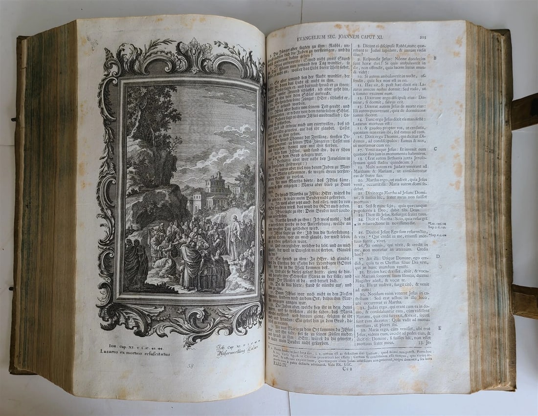 1770 BIBLE in GERMAN & LATIN ILLUSTRATED 2 FOLIO VOLUMES antique PIGSKIN BINDING - 20