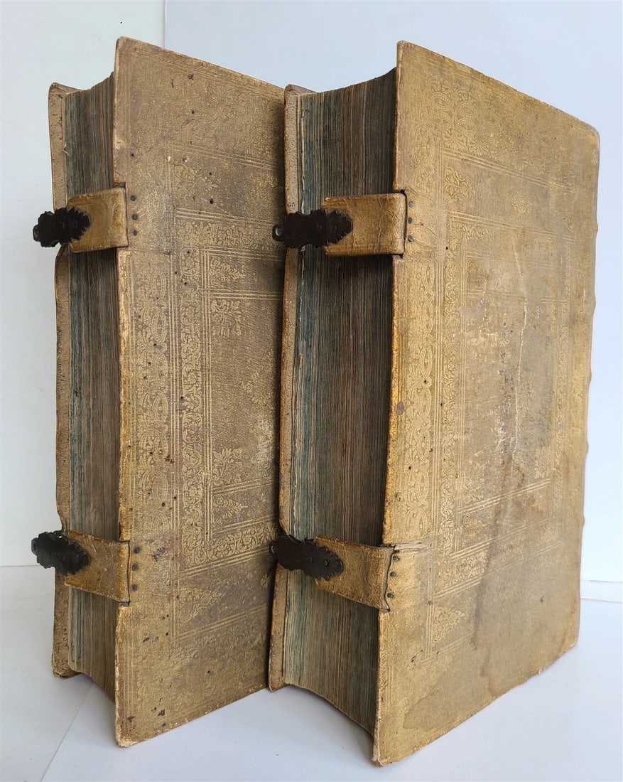 1770 BIBLE in GERMAN & LATIN ILLUSTRATED 2 FOLIO VOLUMES antique PIGSKIN BINDING - 2