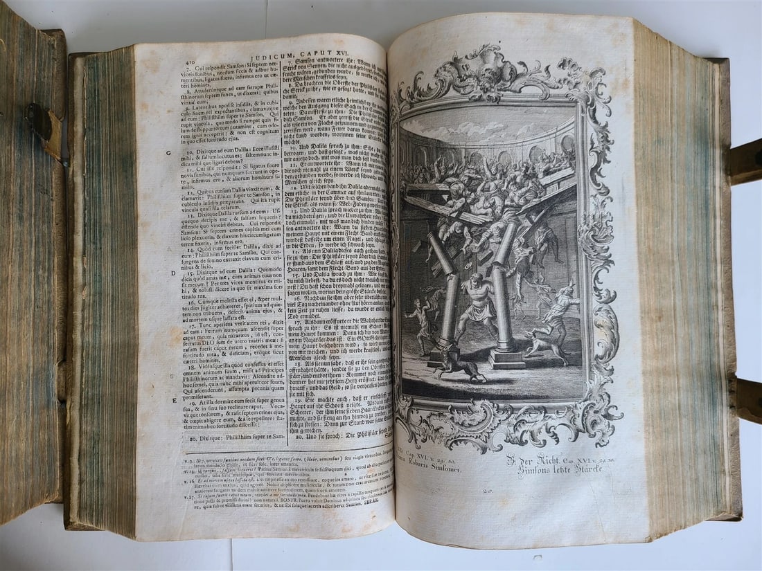 1770 BIBLE in GERMAN & LATIN ILLUSTRATED 2 FOLIO VOLUMES antique PIGSKIN BINDING - 8