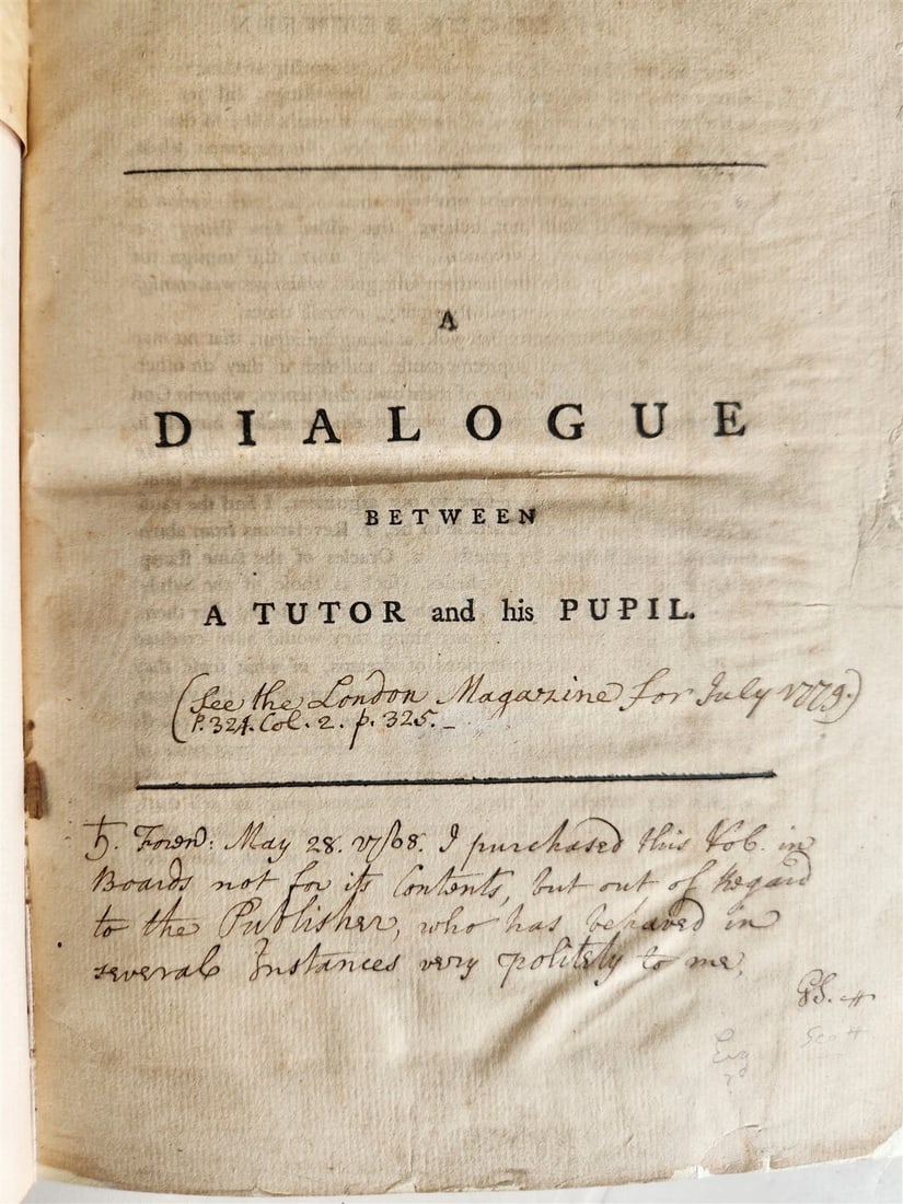 1768 DIALOGUE BETWEEN A TUTOR AND HIS PUPIL by Edward Lord Herbert antique: Title: 1768 DIALOGUE BETWEEN A TUTOR AND HIS PUPIL by Edward Lord Herbert antique Description: "Edward Lord Herbert, of Chirbury A DIALOGUE BETWEEN A TUTOR AND HIS PUPIL London: Bathoe, 1768 Size 7