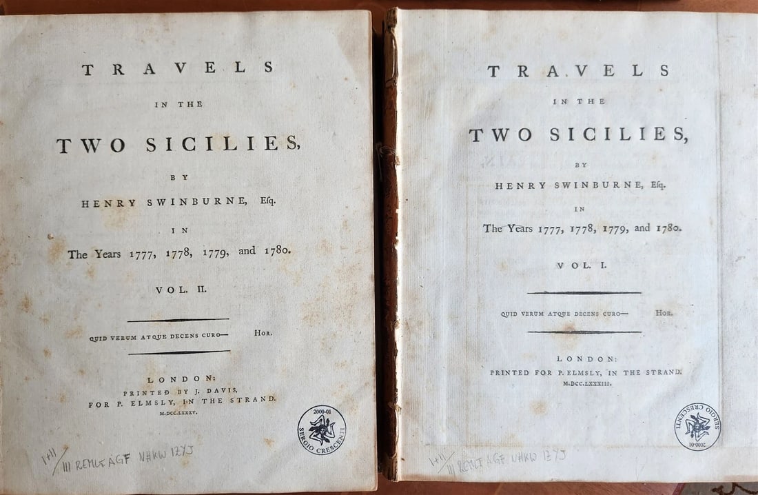 1783-1785 TRAVELS in the TWO SICILIES by HENRY SWINBURNE antique: Title: 1783-1785 TRAVELS in the TWO SICILIES by HENRY SWINBURNE antique Description: "TRAVELS in the TWO SICILIES by HENRY SWINBURNE, esq. in the years 1777, 1778, and 1780 2 volumes London;
