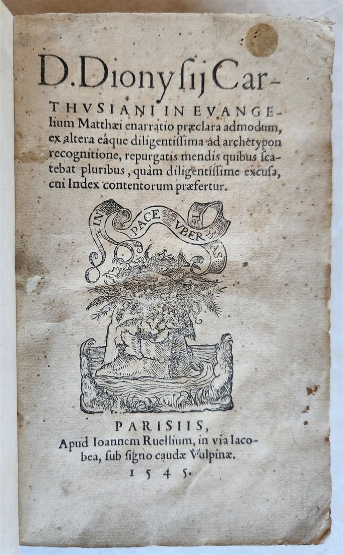 1545 BIBLE COMMENTARY by DIONYSII CARTHUSIANI antique 16th CENTURY vellum: Title: 1545 BIBLE COMMENTARY by DIONYSII CARTHUSIANI antique 16th CENTURY vellum Description: "DIONYSII CARTHUSIANI: IN EVANGELIUM MATTHAEI ENARRATIO PRAECLARA ADMODUM, EX ALTERA EAQUE DILIGENTISSIMA.