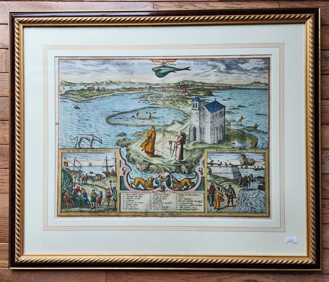 1600s ENGRAVED MAP of CADIZ SPAIN antique GADES AB OCCIDUIS INSULAE PARTIBUS: Title: 1600s ENGRAVED MAP of CADIZ SPAIN antique GADES AB OCCIDUIS INSULAE PARTIBUS Description: "GADES AB OCCIDUIS INSULAE PARTIBUS ( Cadiz, seen from the western parts of the island ) Cologne; 1572-