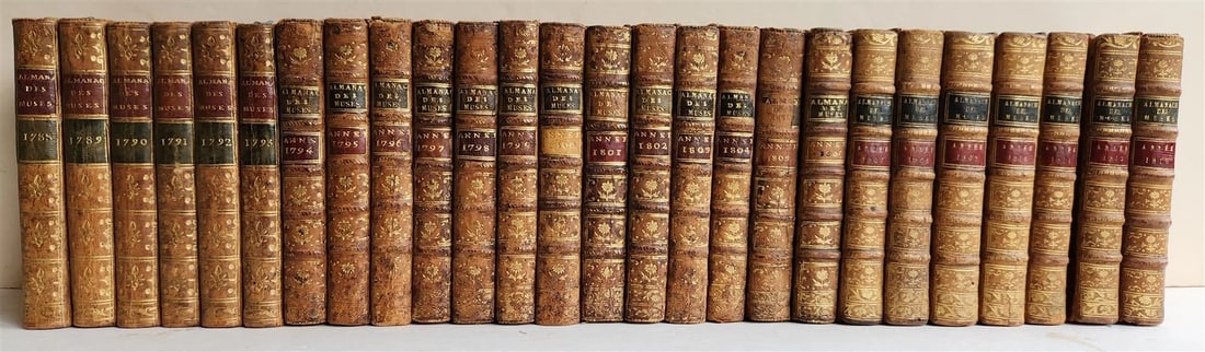 1788-1815 ALMANACH DES MUSES 26 VOLUMES antique POETRY LITERATURE DECORATIVE: Title: 1788-1815 ALMANACH DES MUSES 26 VOLUMES antique POETRY LITERATURE DECORATIVE Description: "ALMANACH DES MUSES 26 volumes Paris; 1788-1815 Poetry and literature Size 3.5 by 6"" Original leather