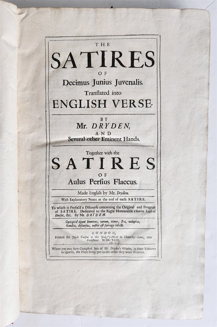 1693 JUVENAL & PERSIUS THE SATYRES 1st DRYDEN EDITION antique FOLIO in ENGLISH: Title: 1693 JUVENAL & PERSIUS THE SATYRES 1st DRYDEN EDITION antique FOLIO in ENGLISH Description: "Juvenalis, Decimus Junius; & Aulus Persius Flaccus. The Satires . . . Made English by Mr. [John]