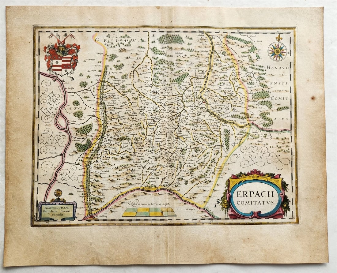 1640 MAP of GERMANY ERBACH by WILLEM BLAEU antique AUTHENTIC hand colored (1 of 6)