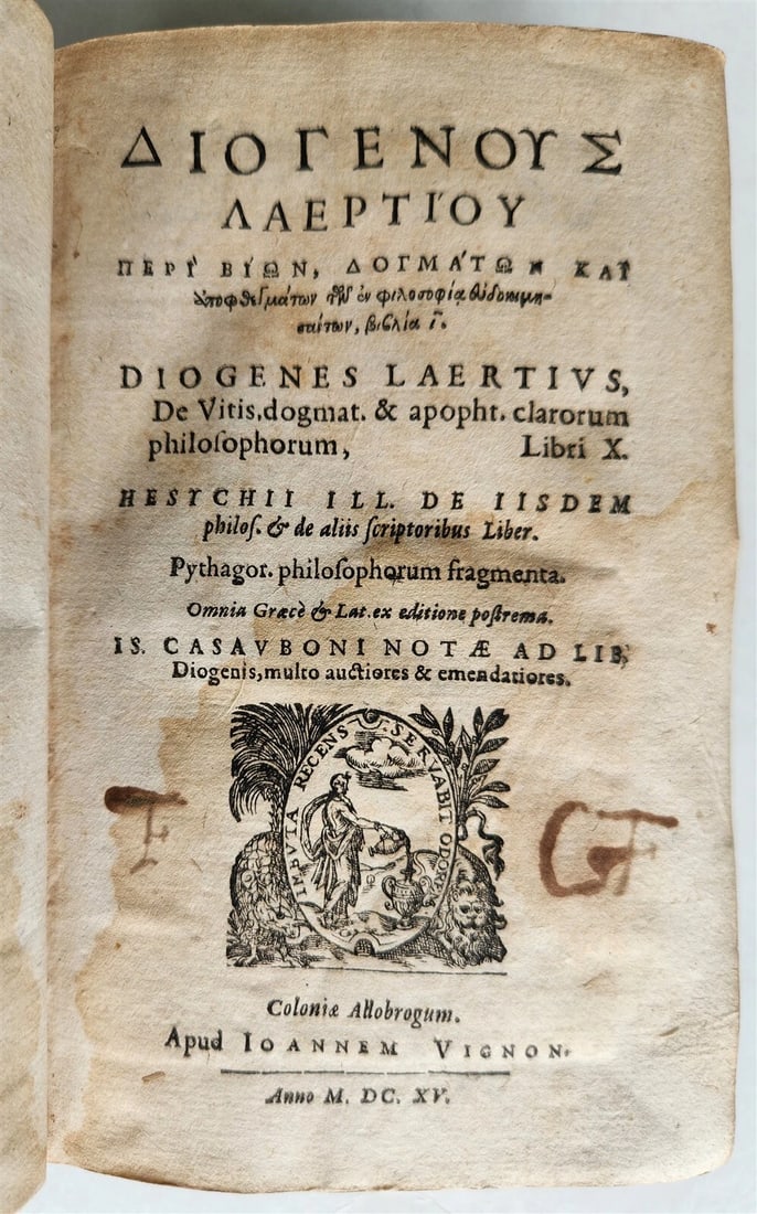 1615 LIVES of GREEK PHILOSOPHERS by Diogenes Laertius antique VELLUM BOUND (1 of 9)