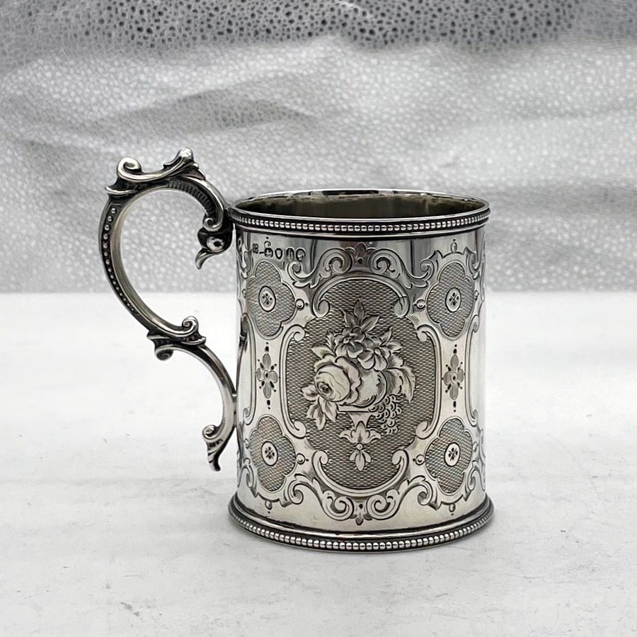Mid 19th Century Antique Victorian Sterling Silver Christening Mug London 1857 Richard Martin &: Title:Mid 19th Century Antique Victorian Sterling Silver Christening Mug London 1857 Richard Martin & Ebenezer HallDescription:Description A truly fine mid 19th century sterling silver bead bordered