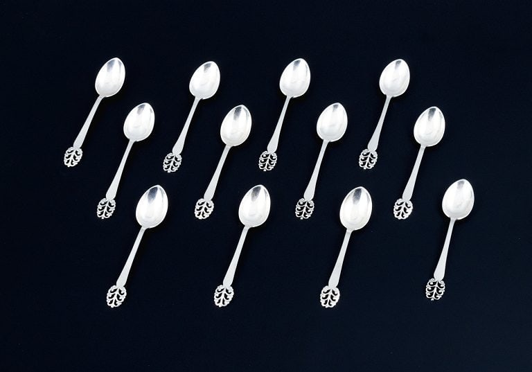 Danish silversmith, twelve coffee spoons. Danish 830 silver.: Title:Danish silversmith, twelve coffee spoons. Danish 830 silver.Description:Danish silversmith, twelve coffee spoons. Danish 830 silver. 1930/40s. Perfect condition. Marked. Makers mark: C.A.S.