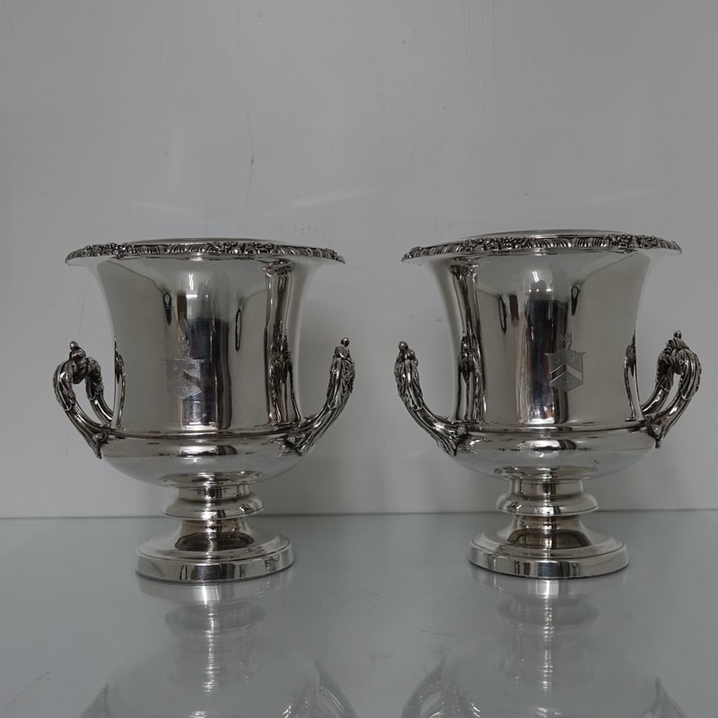 Pair Old Sheffield Wine Coolers Matthew Boulton Circa 1830: Title:Pair Old Sheffield Wine Coolers Matthew Boulton Circa 1830 Description:Description A very impressive and highly collectable pair of campana shaped wine coolers with shaped floral, grape and gadr