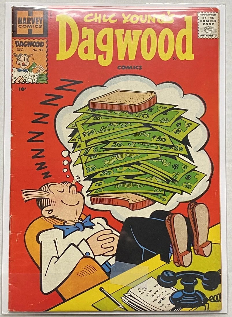 Dagwood #95 1958- Harvey Comics High Grade VF+ Bagged & Boarded: Chic Young’s DAGWOOD Harvey Comics 1958!#95 Silver Age rare comic bagged and boarded, in very fine condition.please review the included photos for exact condition. Brightly colored cover is stil