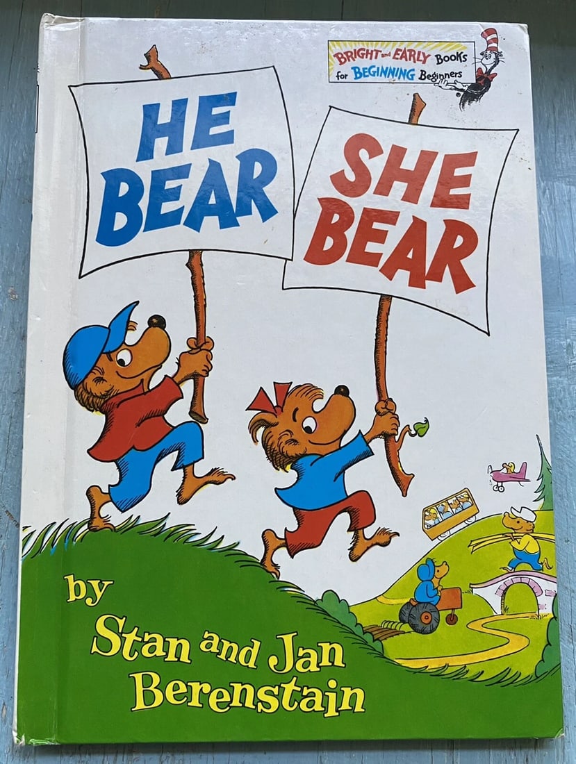 1974 Berenstain Bears He Bear She Bear 1st Ed Grolier Book Club HC Very Good: 1974 Berenstain Bears He Bear She Bear 1st Ed Grolier Book Club HC Very minor signs of wear at tips, lower front cover edge by spine, upper spine edges, barely noticeable. Very Good condition. Very br
