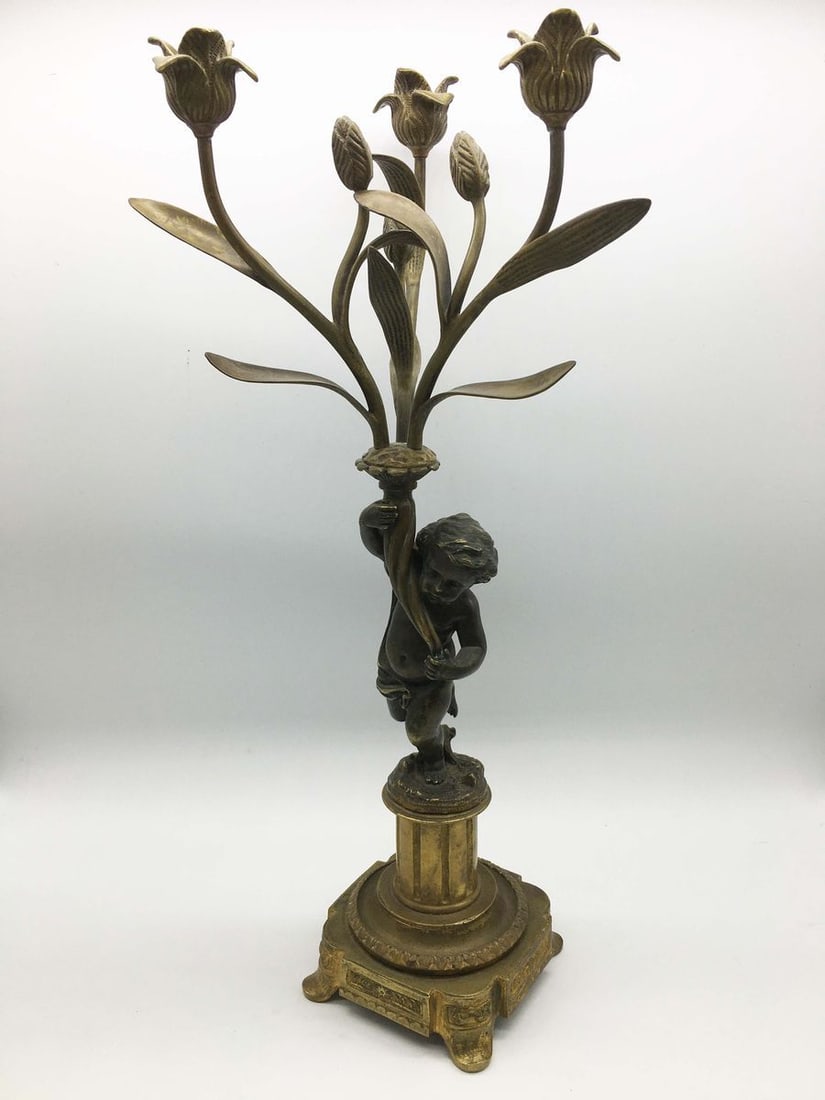 Russia Empire Bronze candlestick with a boy for 3 candles of very beautiful casting 1830-1840s: Title: Russia Empire Bronze candlestick with a boy for 3 candles of very beautiful casting 1830-1840s Description: Verndec 129 ITEM DESCRIPTION : *Medium: bronze *The size: 49x18 cm/'19.29x7.08 inches