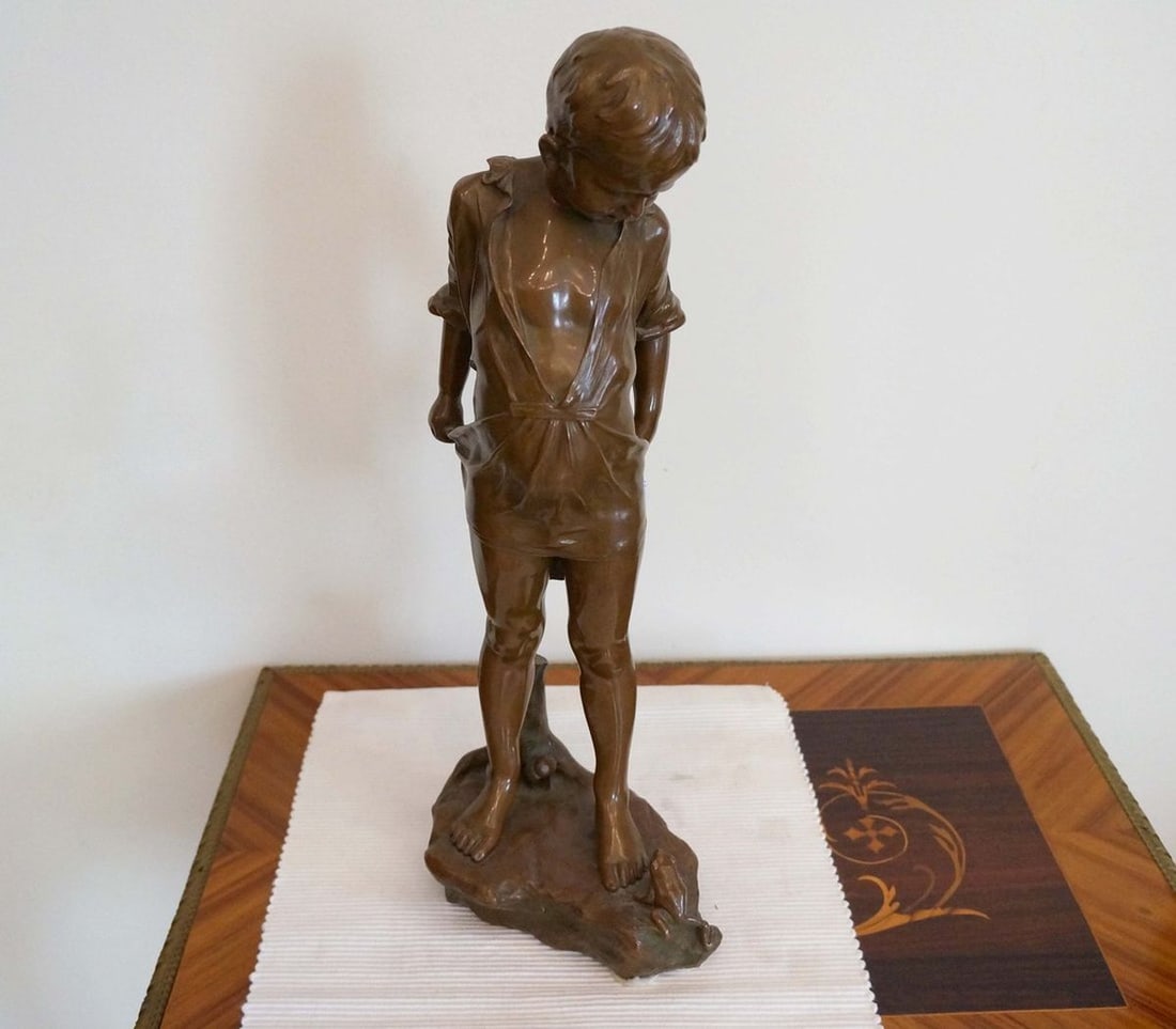 Germany Bronze Sculpture "Boy with a Frog" Peleschka-Lunard late 19th - early 20th centuries: Title: Germany Bronze Sculpture "Boy with a Frog" Peleschka-Lunard late 19th - early 20th centuries Description: Verndec 101 ITEM DESCRIPTION : *Medium: bronze, founding, patina *The size: 50x20x16