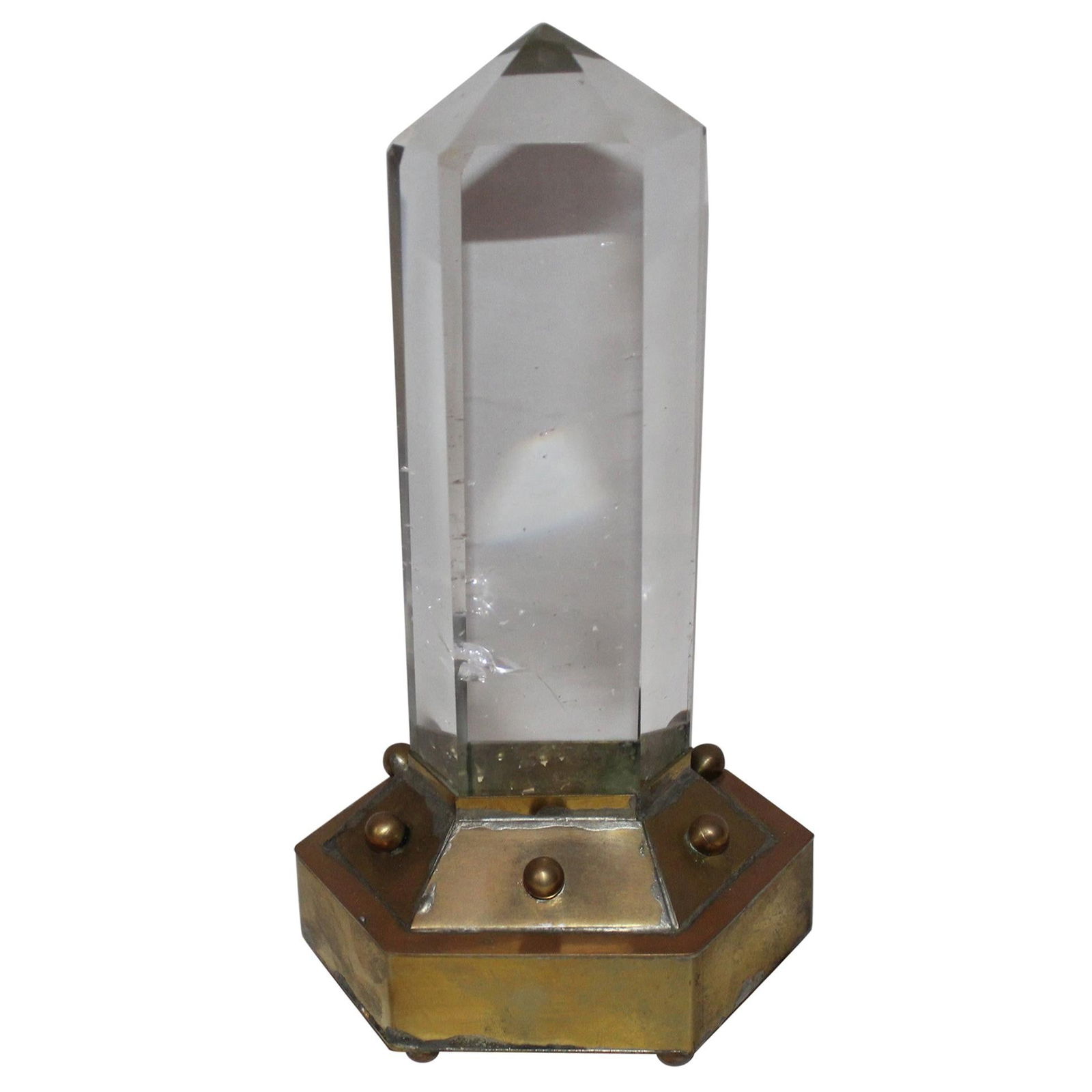 Rock Crystal Point , % 98 Clear, Brass Base No Chips, Very Rare This Clear: An almost perfectly clear rock crystal point from Brazil. Custom mounted in a solid brass base with ball decorations from a private collection. Very rare to find one this clean now. Only poor quality