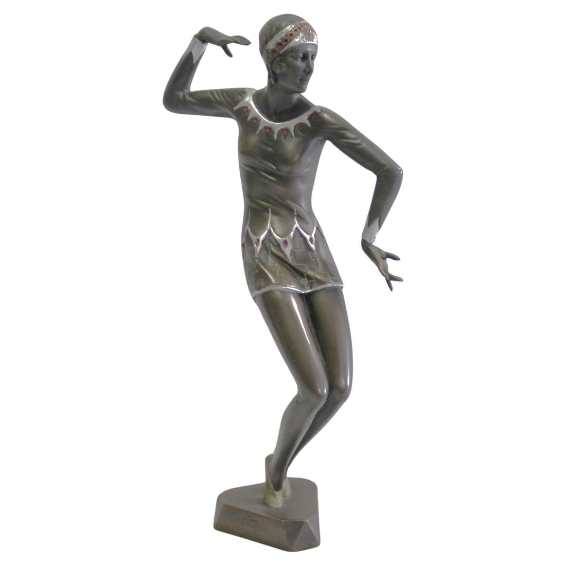 Mid Century /Modern/Deco Style Bronze Girl Dancer, England: A very popular Art Deco Sculpture made after art Deco listed Artist ( Preiss ) Cast in bronze with fine details . Finished in a dark bronze patina and with hand painted details . She is standing in a