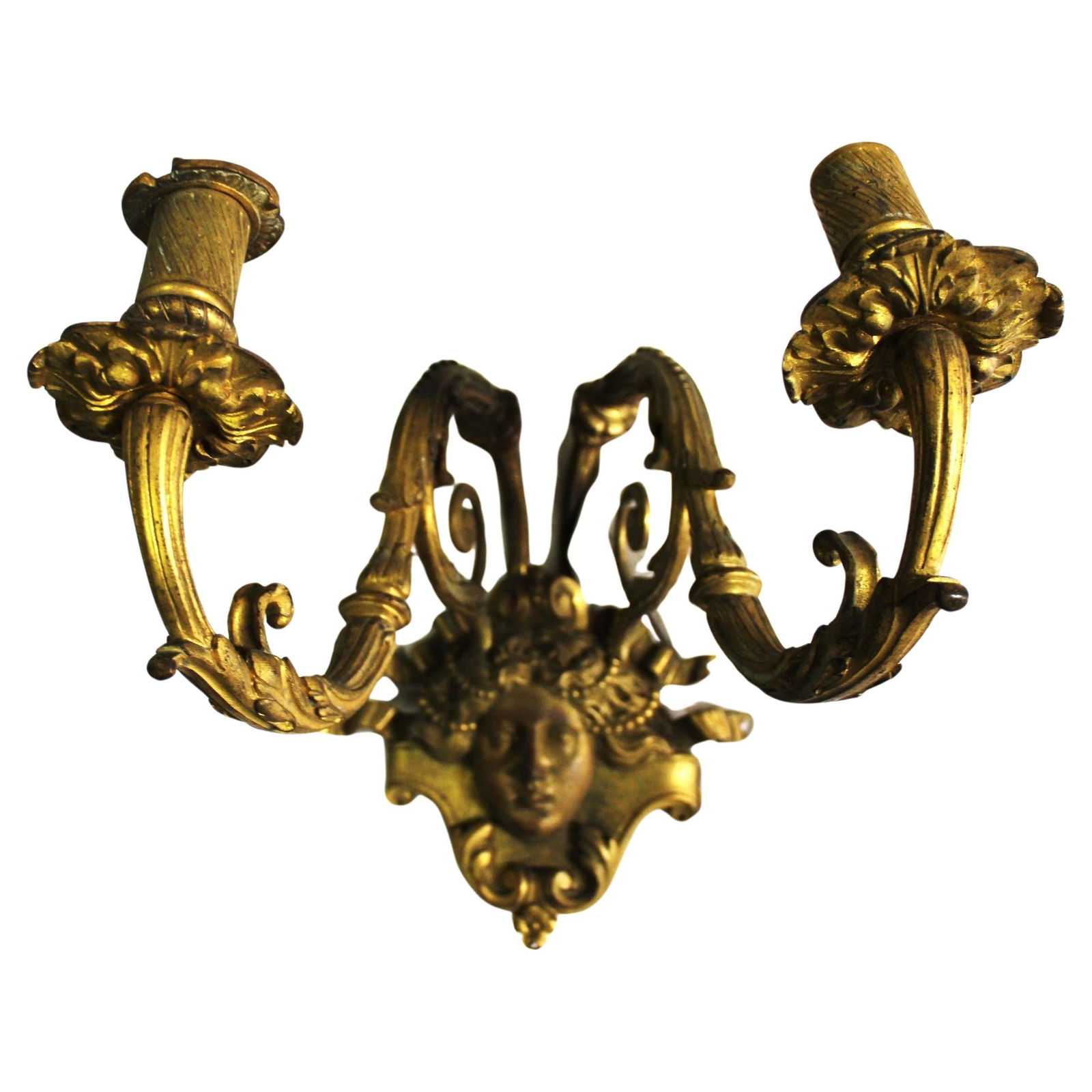 Antique Lady Face , double arm , Gold Dore' Sconce , A Single Vintage: This Antique sconce is a very fine detailed casting . Metal finished in a Gold Dore' plated finish . Most likely used on a large Chandelier ,or even a Large Sconce . See the details in the photos .