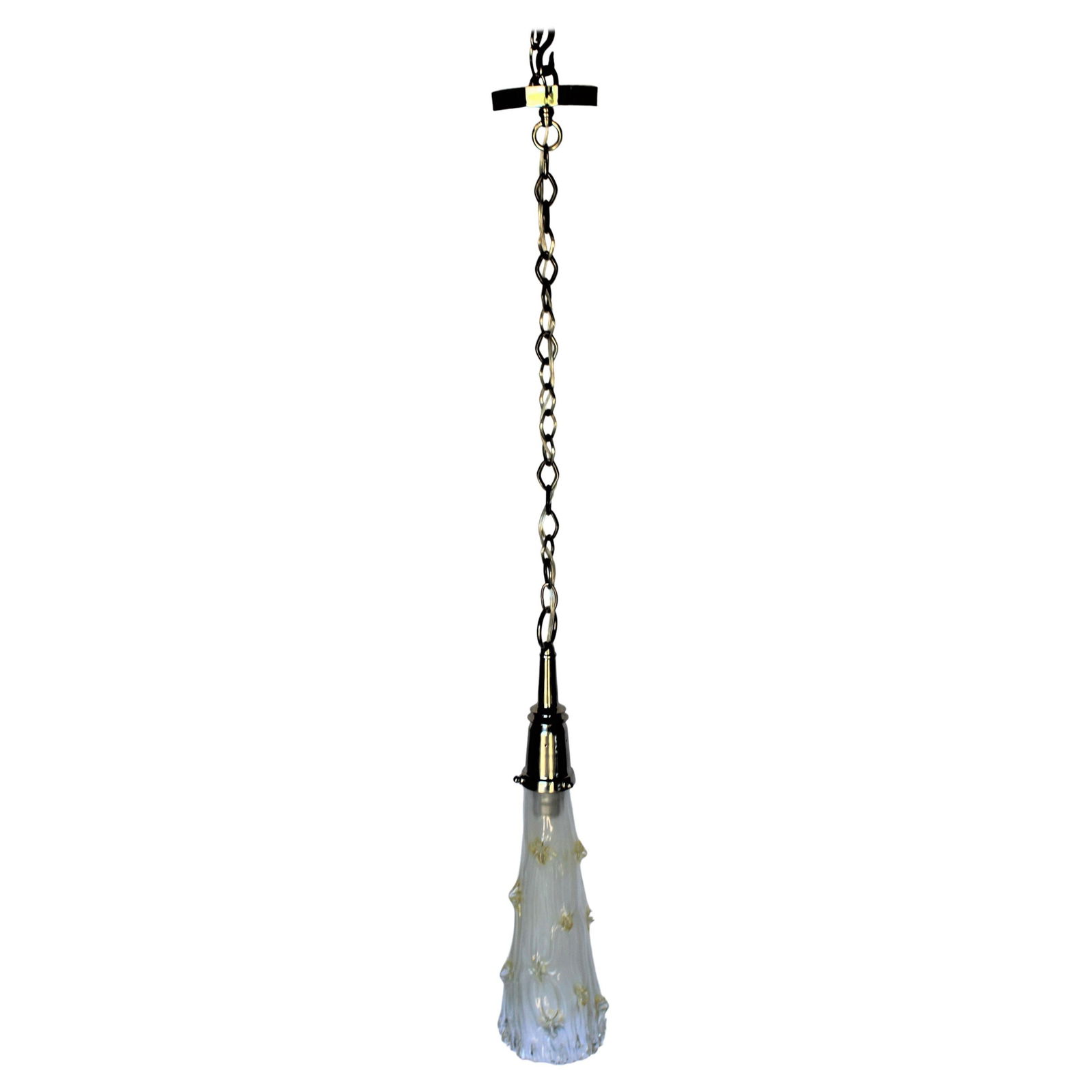 Mid-Century Modern Glass Pendant Murano Gold: A modern custom designed Pinched glass shade with 24 K Gold dust in it. Has hi-polished Nickel metal hardware and special diamond chain. One of a kind now, no more to be made. Total drop is at 47"