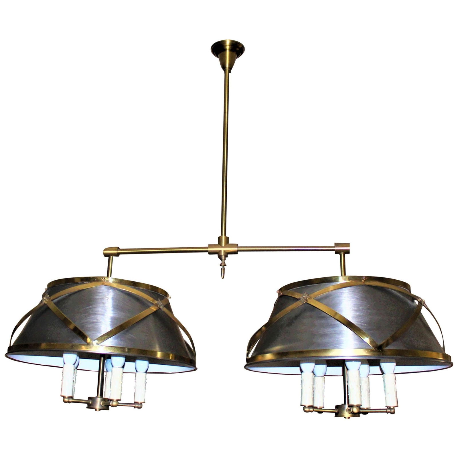 Mid-Century Modern Double Shade Chandelier, Brass and Steel: Custom designed for a lighting showroom in LA, double shades hanging from all brass frame. Solid brass X-cross banding. With 5 light cluster bodies. Total 10 lights. Good size for a kitchen counter at
