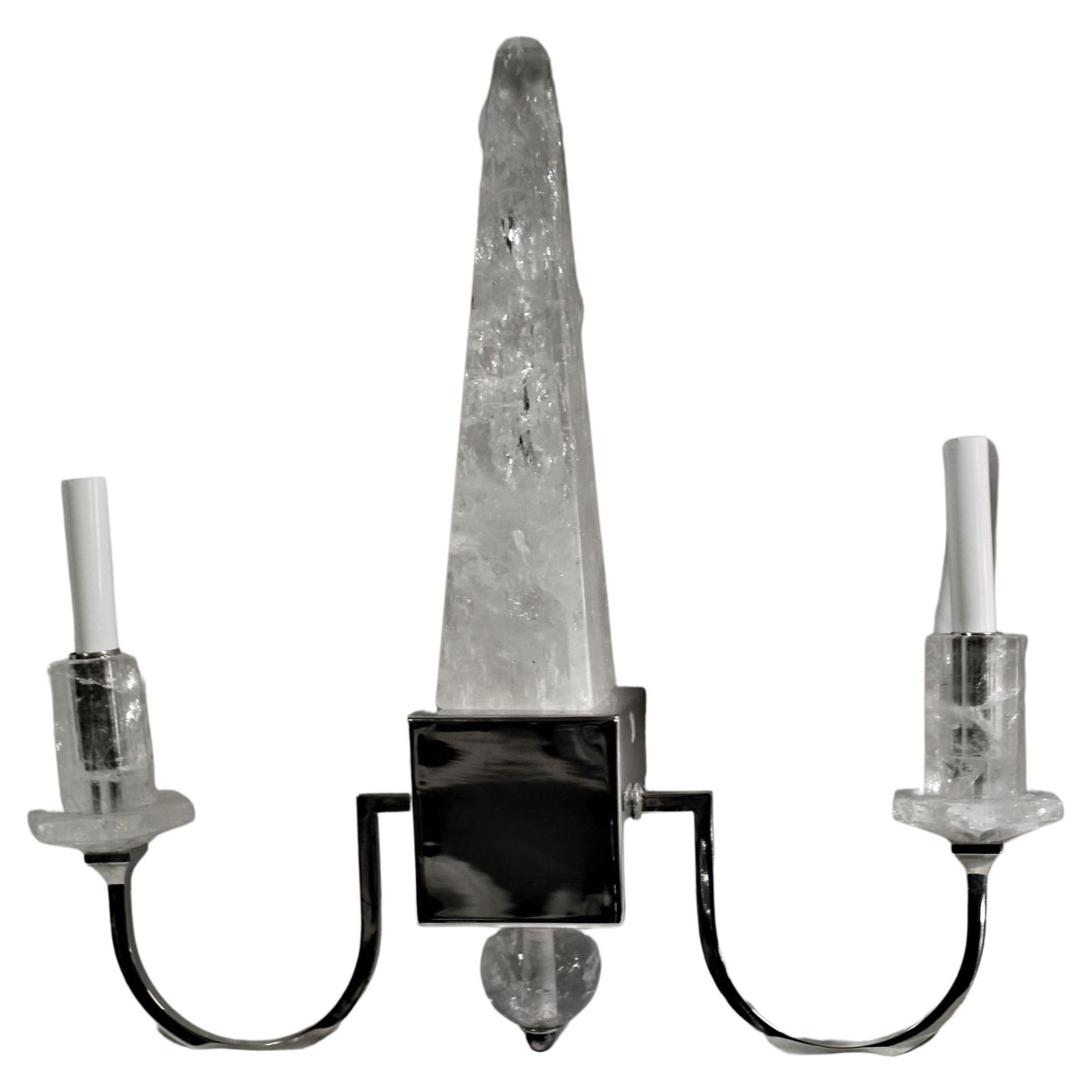 Mid Century/Modern Rock Crystal Sconce: Custom Designed for a Casino in LV. Hi-quality Rock Crystals from Brazil. Main body is brass and hi-polished Silver plated finish. Obelisk is 13" ht. Showroom Sample never used. Kept in storage.