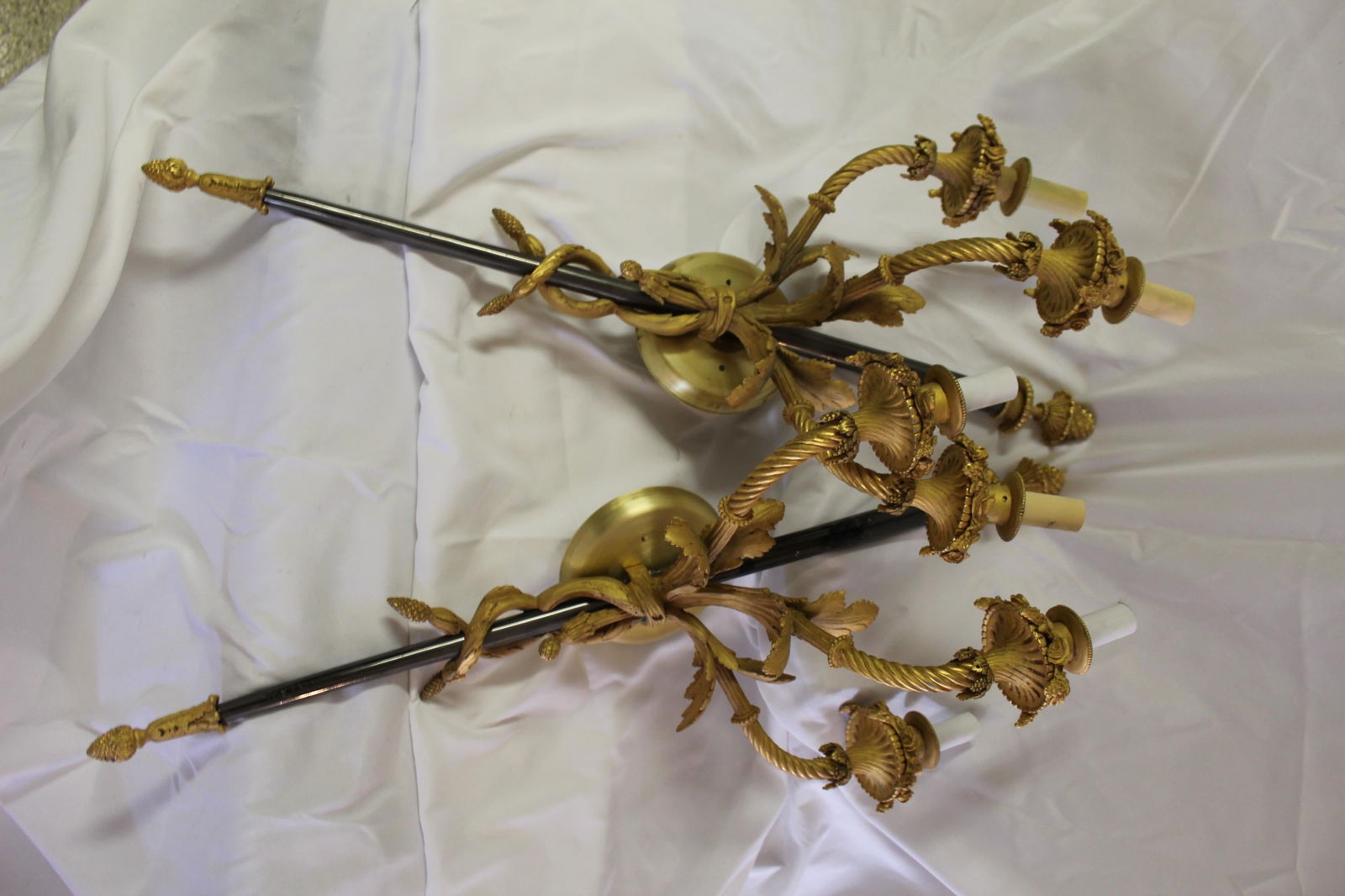 Large Pair, Empire Style Sconces, 18-Karat Gold Plate, 3 Lights, Black Shaft - 10