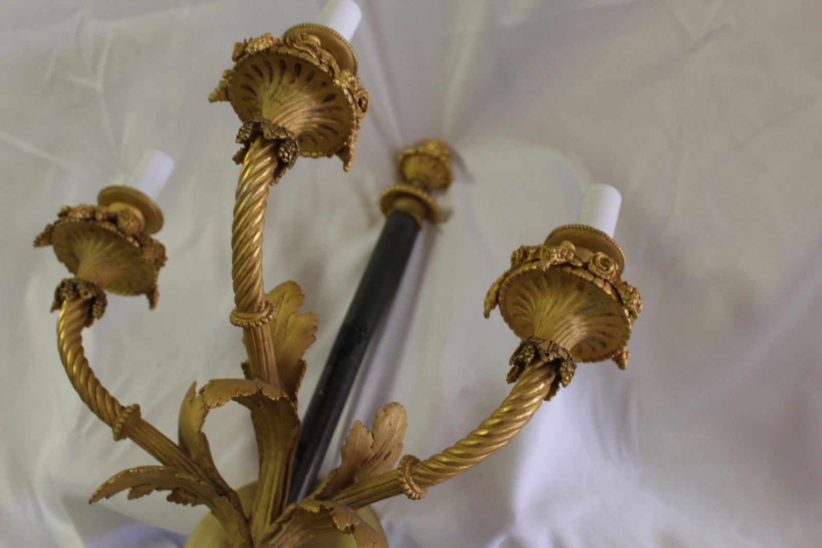 Large Pair, Empire Style Sconces, 18-Karat Gold Plate, 3 Lights, Black Shaft - 11