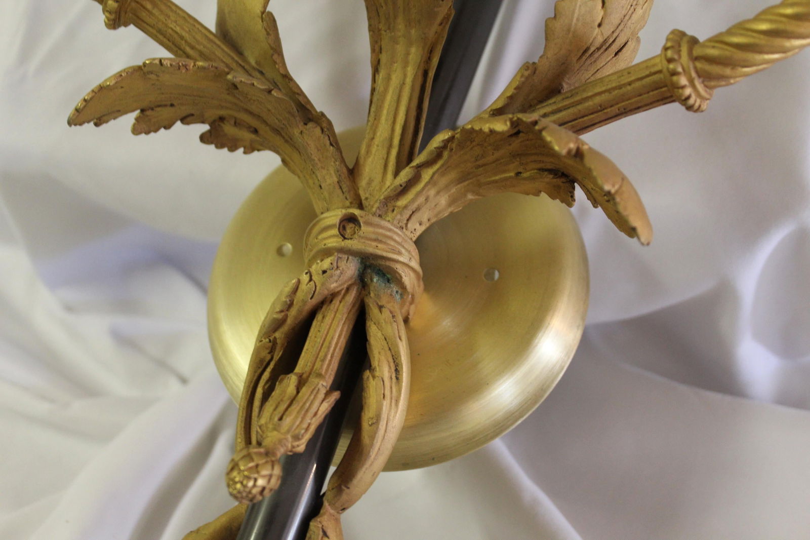 Large Pair, Empire Style Sconces, 18-Karat Gold Plate, 3 Lights, Black Shaft - 12