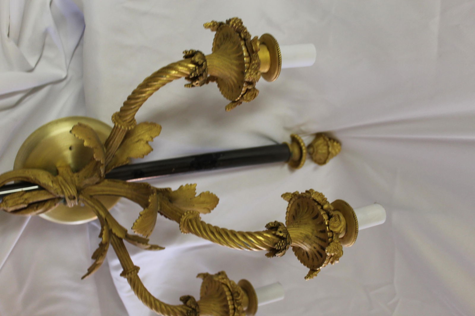 Large Pair, Empire Style Sconces, 18-Karat Gold Plate, 3 Lights, Black Shaft - 13