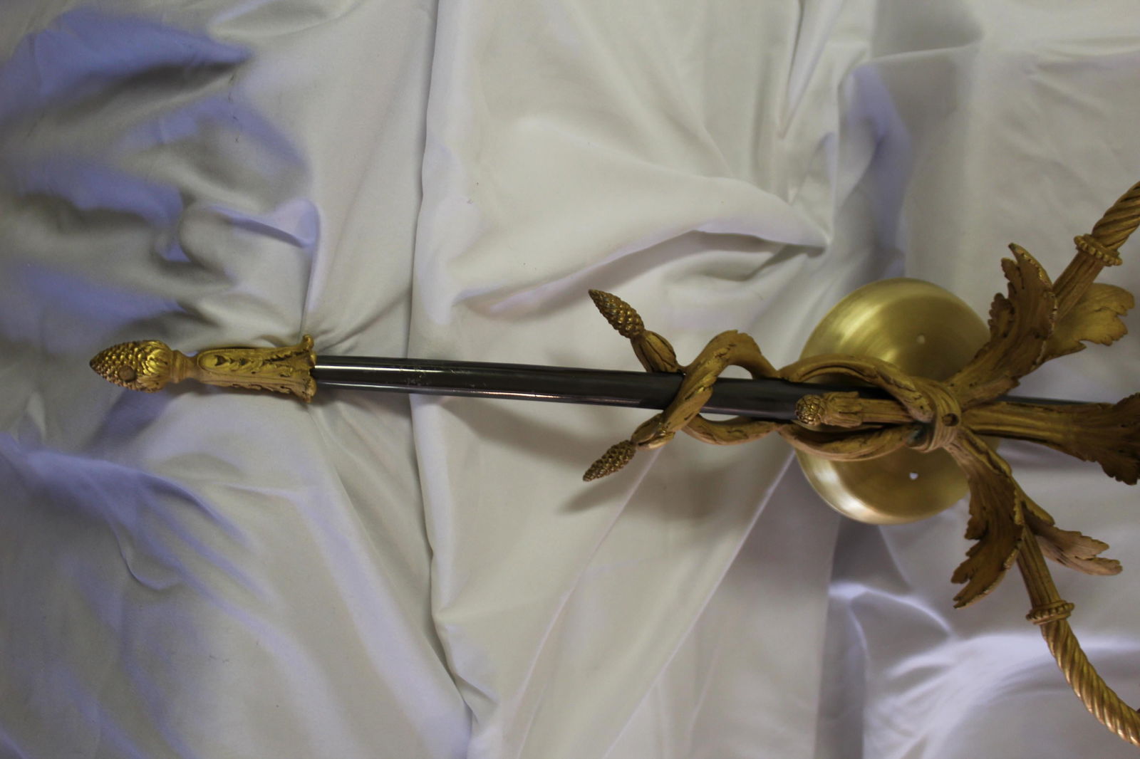 Large Pair, Empire Style Sconces, 18-Karat Gold Plate, 3 Lights, Black Shaft - 14