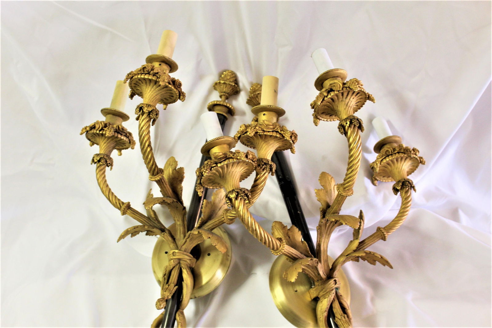 Large Pair, Empire Style Sconces, 18-Karat Gold Plate, 3 Lights, Black Shaft - 19