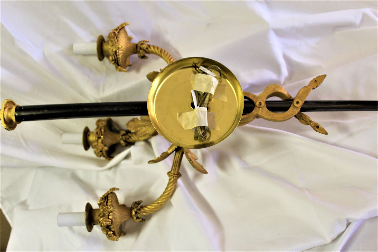 Large Pair, Empire Style Sconces, 18-Karat Gold Plate, 3 Lights, Black Shaft - 5