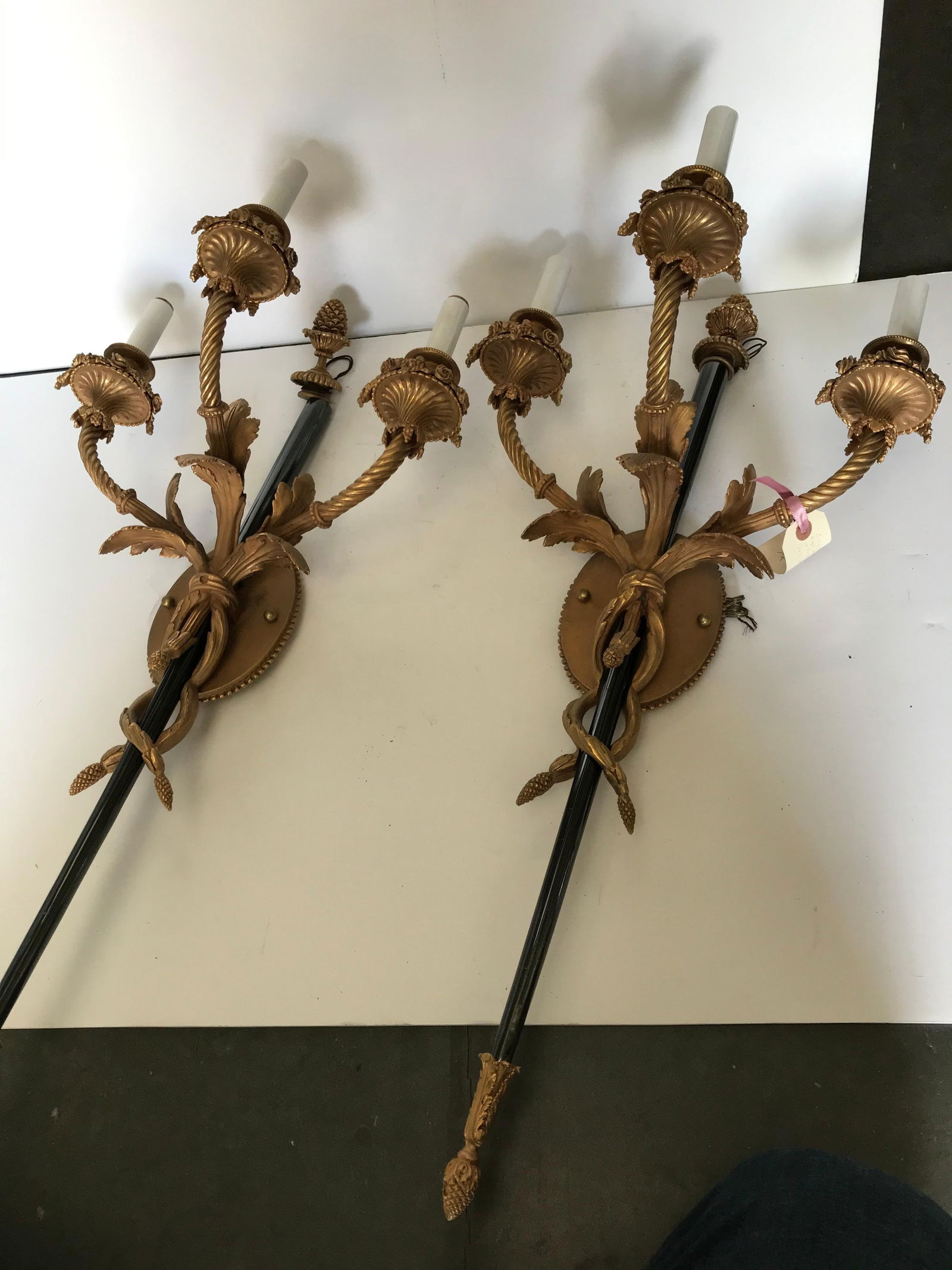 Large Pair, Empire Style Sconces, 18-Karat Gold Plate, 3 Lights, Black Shaft - 6