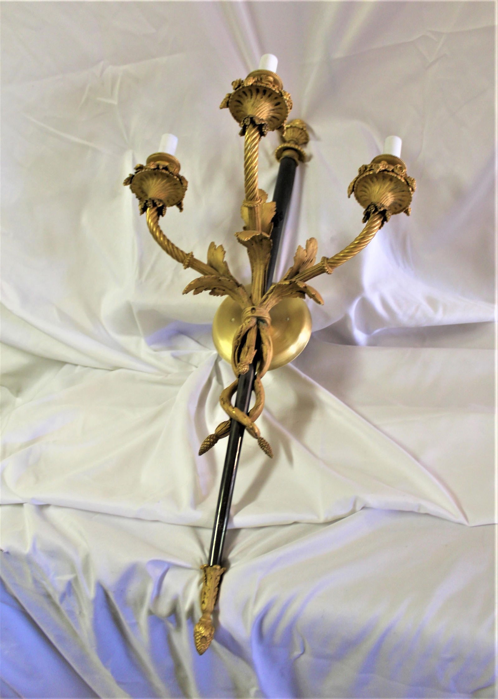 Large Pair, Empire Style Sconces, 18-Karat Gold Plate, 3 Lights, Black Shaft - 9
