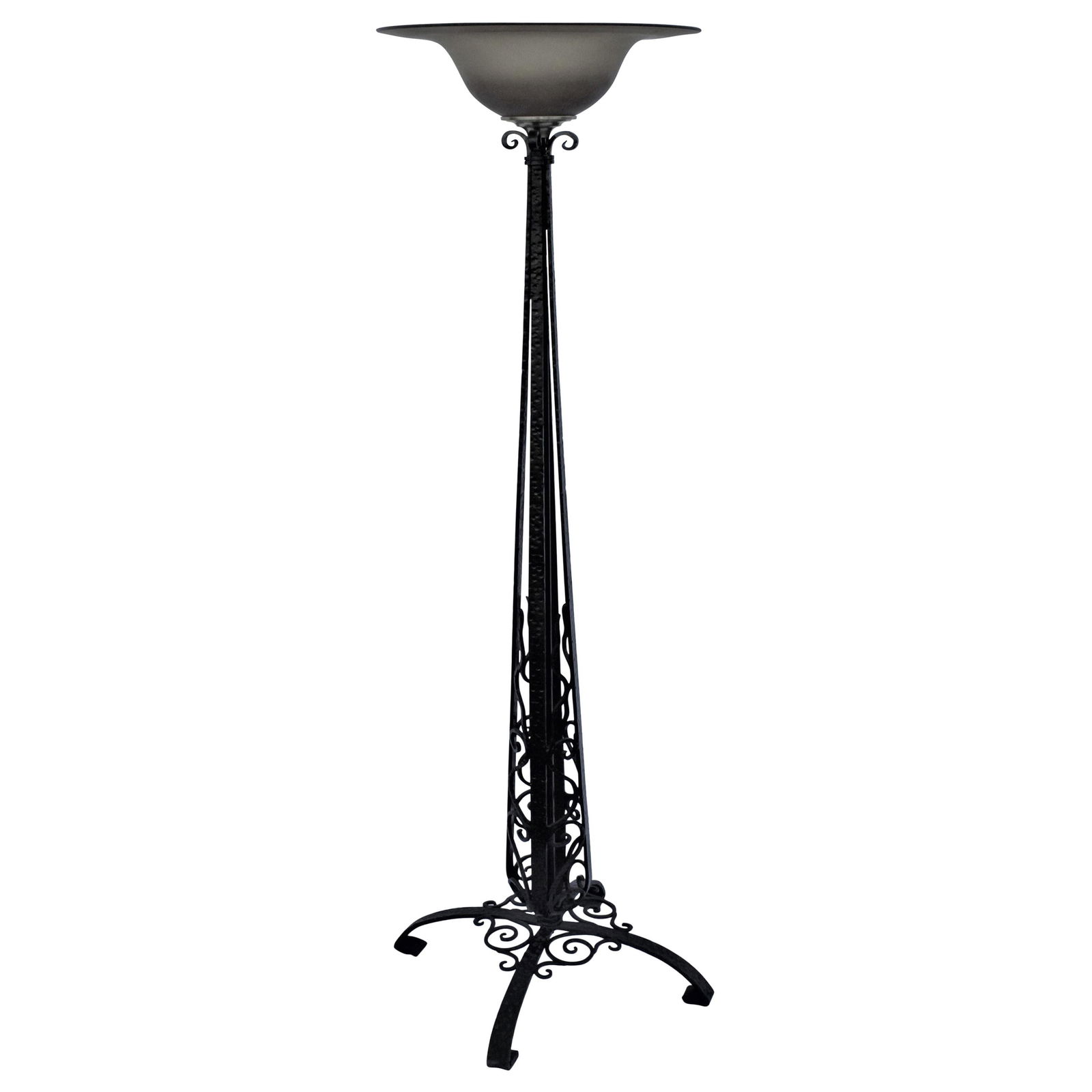 Art Deco/Modern Design Floor Lamp, Hand Forged, Amber Glass Shade Painted Black: Deco looking floor lamp all hand forged in iron and painted finish. Has French glass shade in light Amber color. After E Brandt, Has a great look when lit up. Great metal work and nice Art Glass.
