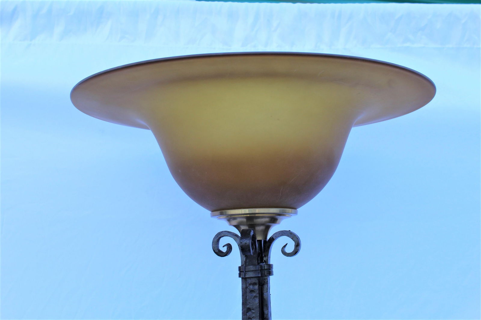 Art Deco/Modern Design Floor Lamp, Hand Forged, Amber Glass Shade Painted Black - 2