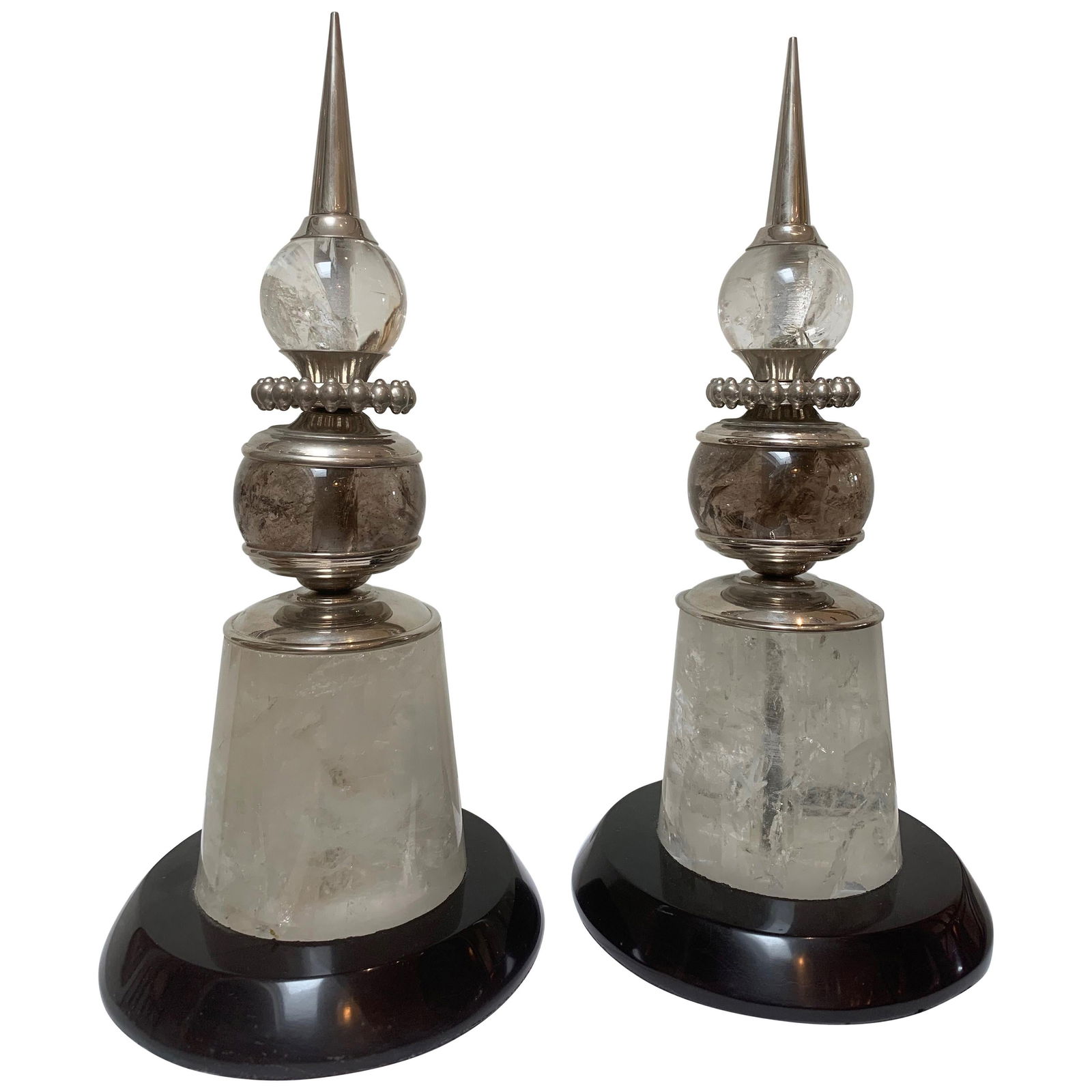 Pair of Deco Modern Spears, Polished Nickel, Rock Crystal, Marble: Pair of Deco Modern Spears, Polished Nickel Rock Crystal, Black Marble base. Rock, Crystal is from Brazil. One of a kind decorations . Reserve: $500.00 Shipping:Domestic: Flat-rate of $125.00 to