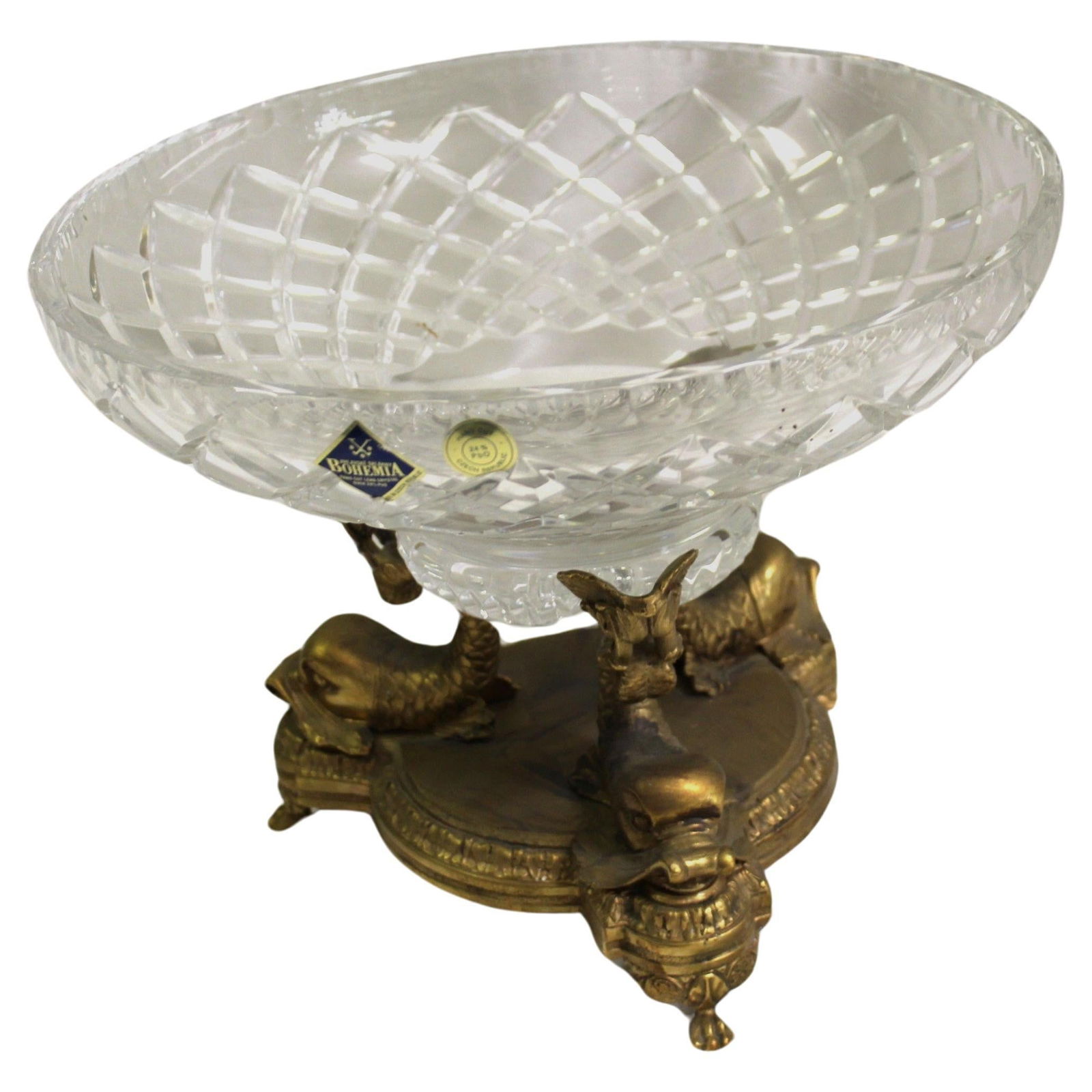Mid Century /Modern Crystal bowl with Trippel Dolphin base , Gold dore' finish: A popular design of a Center piece bowl cast in Bronze with polished Dore' Gold plating . The 24% lead Crystal bowl is at 11" dia and sits atop the 3 dolphins tails . Total ht of the center piece all