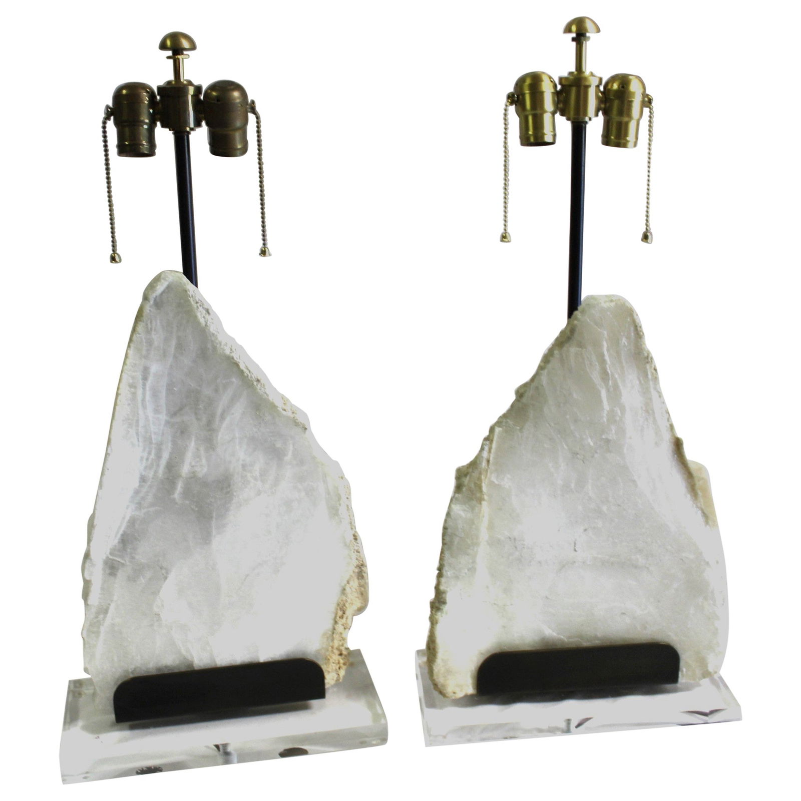 Mid Century /Modern Rock Lamps: Custom designed and Custom made for a lighting showroom in Los Angeles . Made from two matching blocks of Selenite that was split in two to make matching look . Looks like two mountains . Slabs are