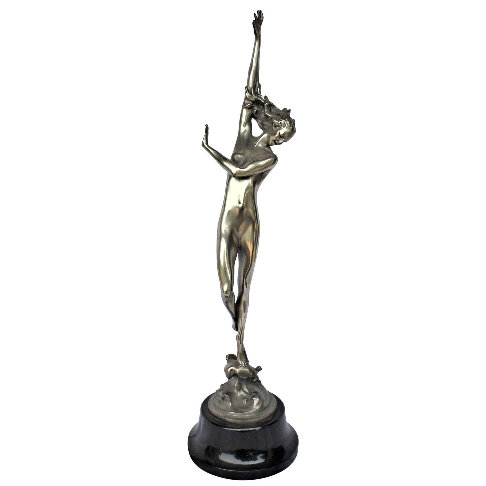 Deco Modern Sculpture in Style, Silvered Bronze, after the Artist H Fishmuth: Nude female standing on top a wave. Mounted on absolute black marble base. Cast from an original, Artist is Harriet Frishmuth. Modern cast. Has the signature at the base. Famous piece not found