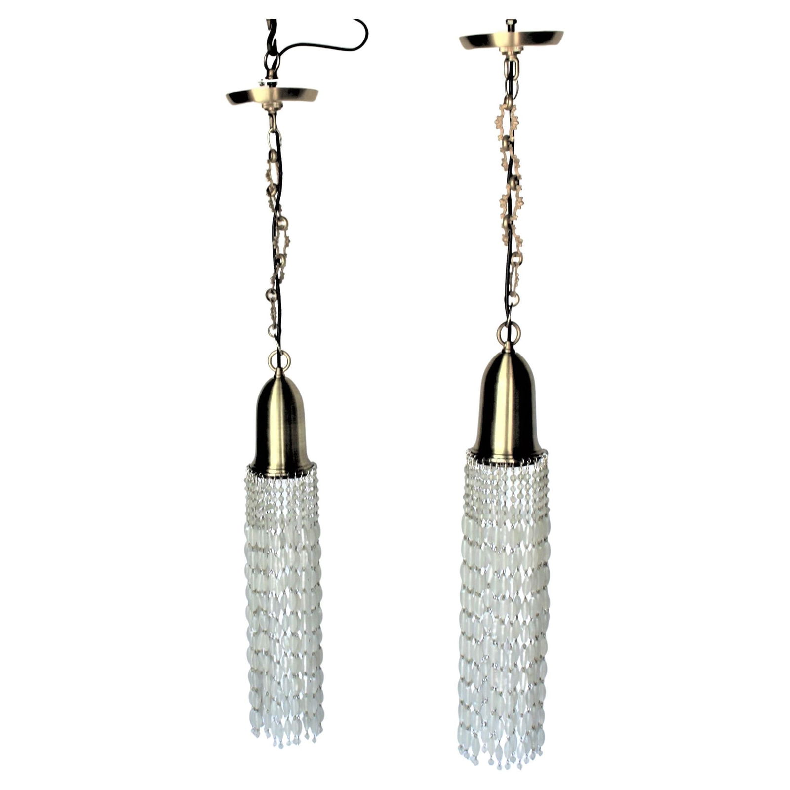 Mid-Century Modern Glass Bead Pendants Brass: A pair of custom designed and made of solid brass and bronze metal. Shade is in the shape of a bell in spun satin finished brass and is 5 1/2" in ht and 4" dia. . All hand tied frosted glass beads.