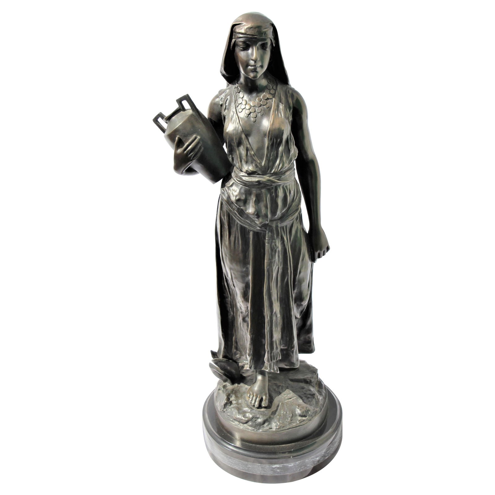 Art Deco Bronze, Egyptian Girl with Water Jug, Large in the Style of F.Ghilmany: Great looking lady figurine carrying a water Jug. Multi-patinas and mounted on a special marble base. Heavy casting 29" height and the base is 9" diameter. From an Art Deco collector’s