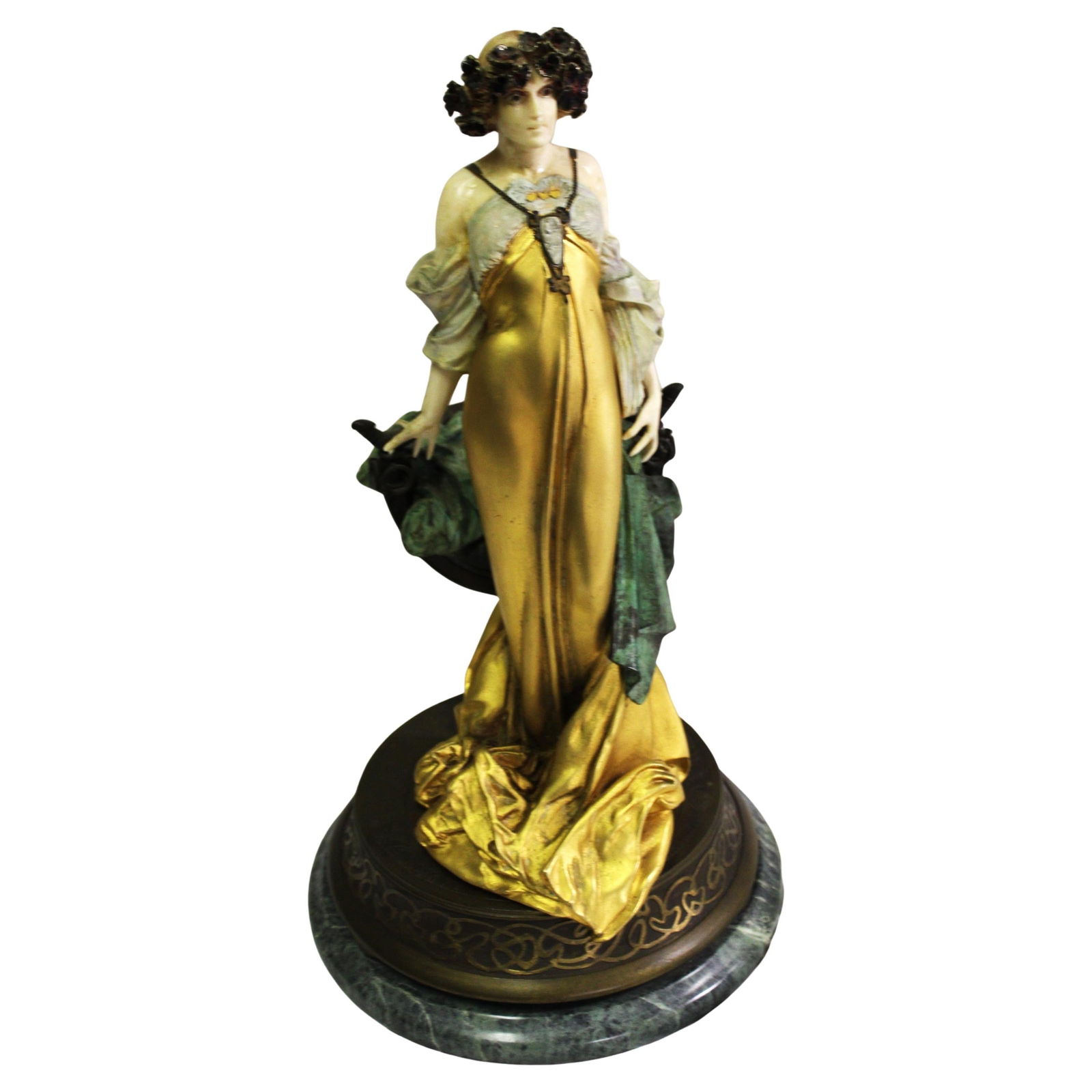 Mid Century /Modern Art Nouveau Lady Sculpture , Bronze , Artist Signed: This exquisite Bronze Sculpture captures a graceful Art Nouveau female figure, standing confidently with a serene expression. She wears a flowing golden gown that clings elegantly to her form,